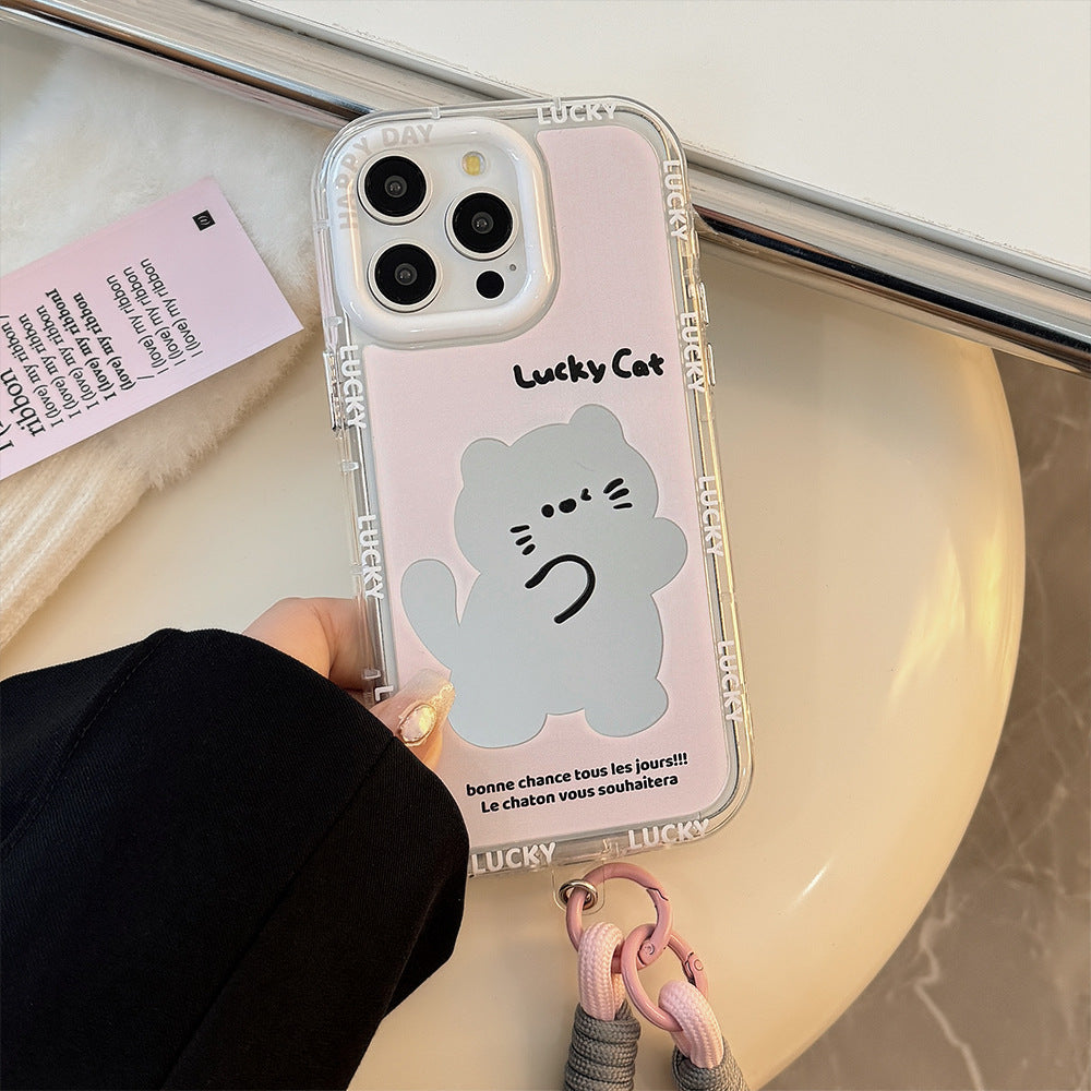 El estuche para iPhone 17 Pro Max de dibujos animados 12/13 generación con cuerda de mano es adecuado para el teléfono móvil Apple 16 con un lindo espejo de gato rosa