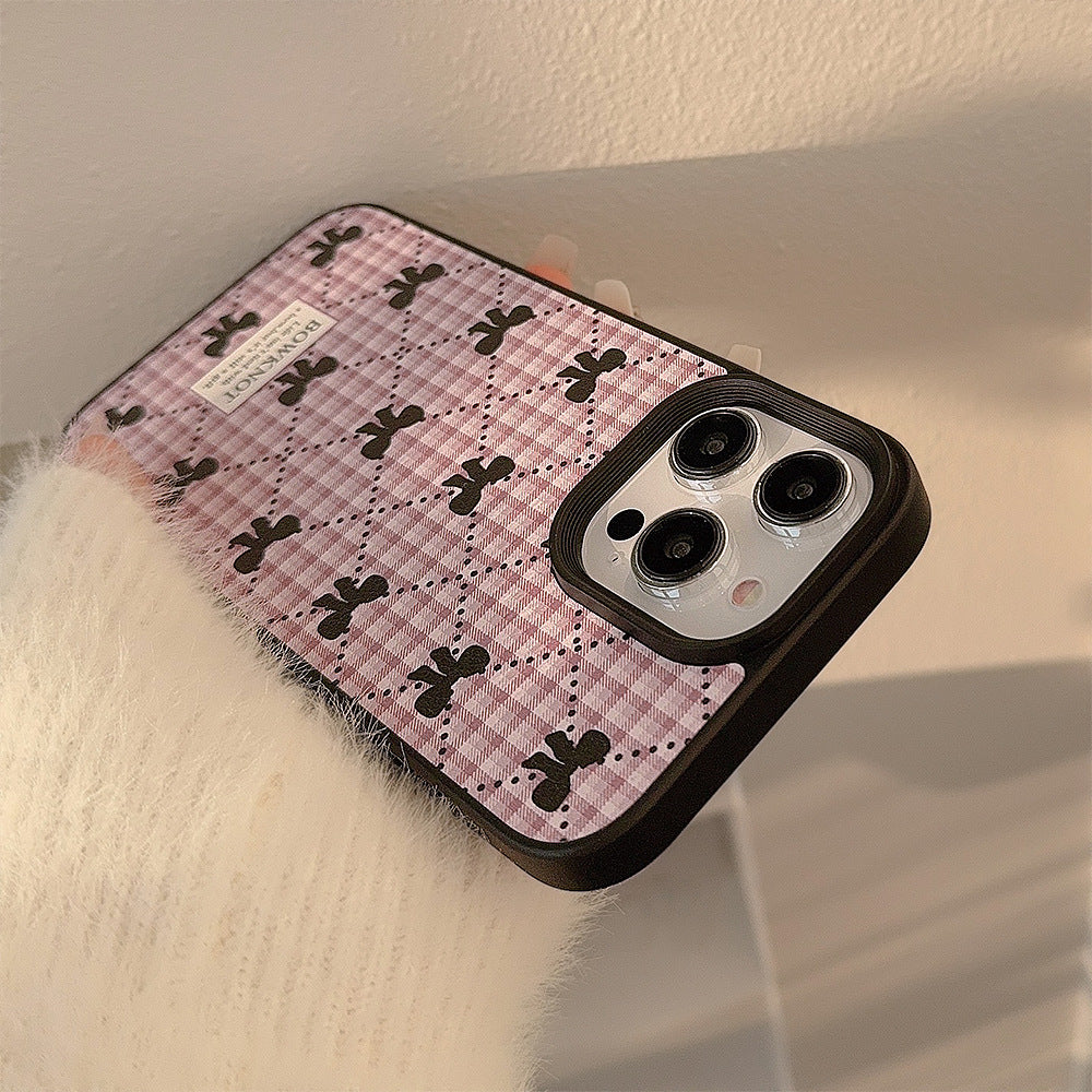 Funda para teléfono a cuadros lazo coreano 16 Apple 17promax dulce 11 para iPhone 15 cuero 13 invierno