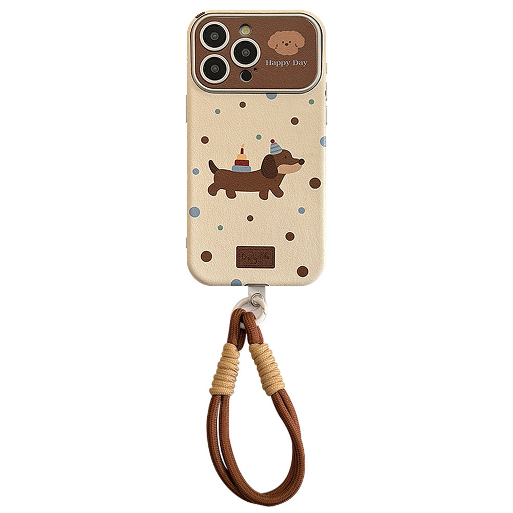 Funda de piel ins dachshund para iPhone 16 Pro Max 15 Apple 17 con correa de mano retro y cubierta blanda