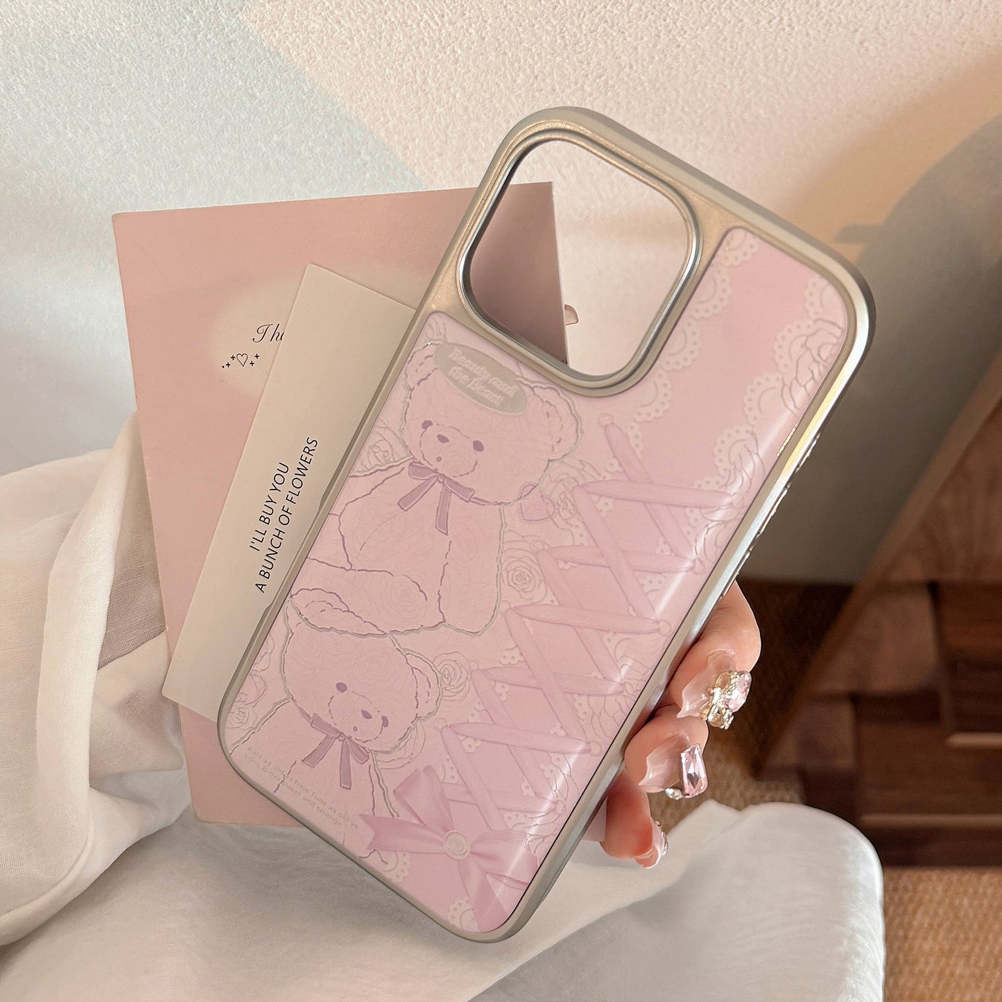 Gilt lace bear Apple 16promax mobile phone case iphone17 Epoxy 15 Electroplating sweet 14 for Huawei