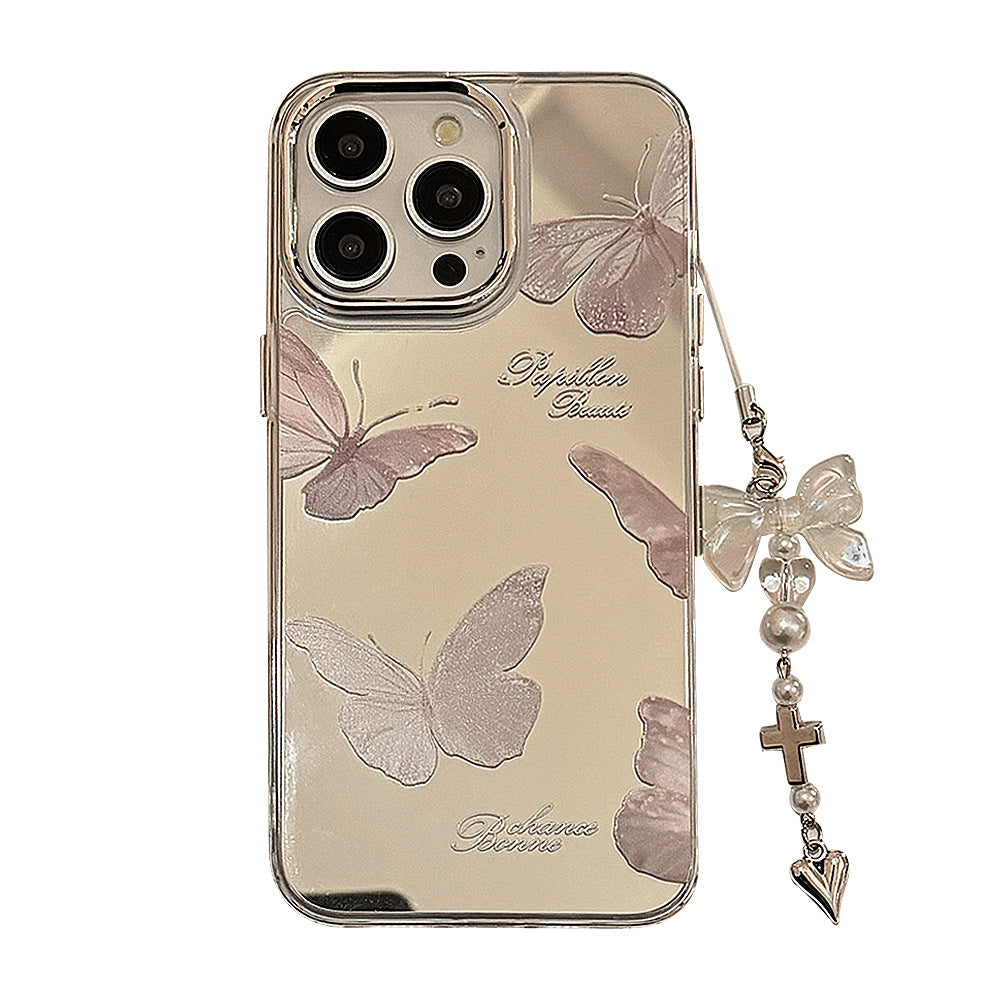 Colgante espejo mariposa súper hada, adecuado para funda de teléfono móvil Apple 15pro max temperamento iphone16 anticaída 13 dura 17