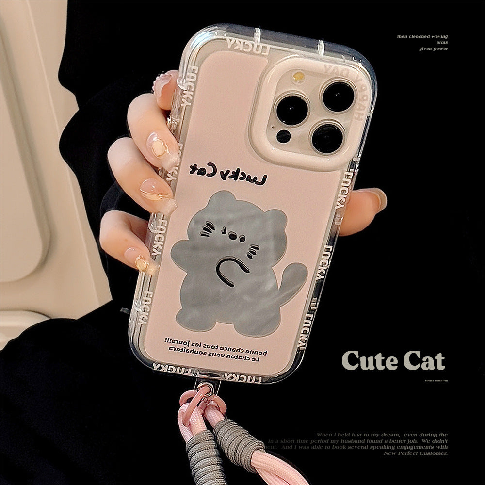 El estuche para iPhone 17 Pro Max de dibujos animados 12/13 generación con cuerda de mano es adecuado para el teléfono móvil Apple 16 con un lindo espejo de gato rosa