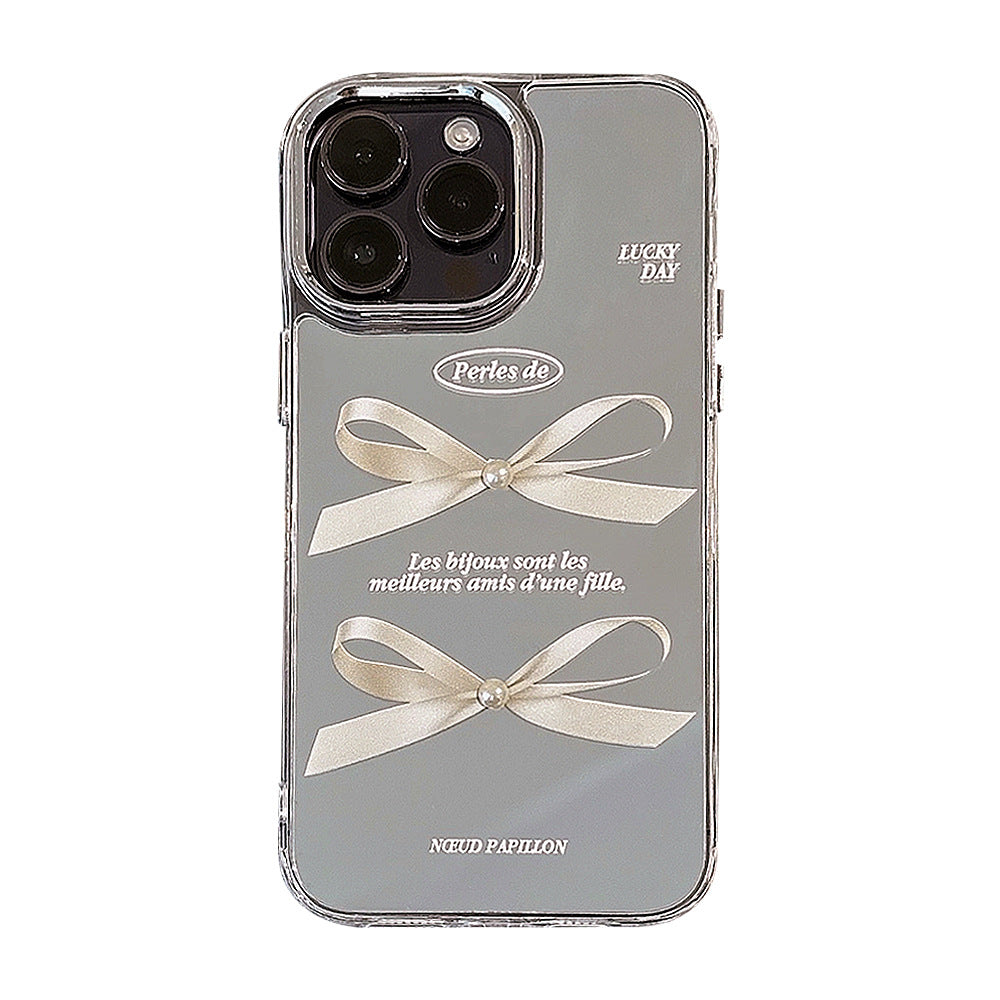 Superficie de espejo adecuada para funda de teléfono Apple 16Pro Max con lazo de perlas tridimensional para iPhone 15 con temperamento, antidaño 13, antidaño 17