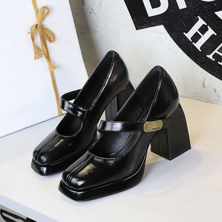 Zapatos de tacón alto para mujer, tacón grueso, tacón alto, plataforma impermeable, hebilla de metal, correa al tobillo
