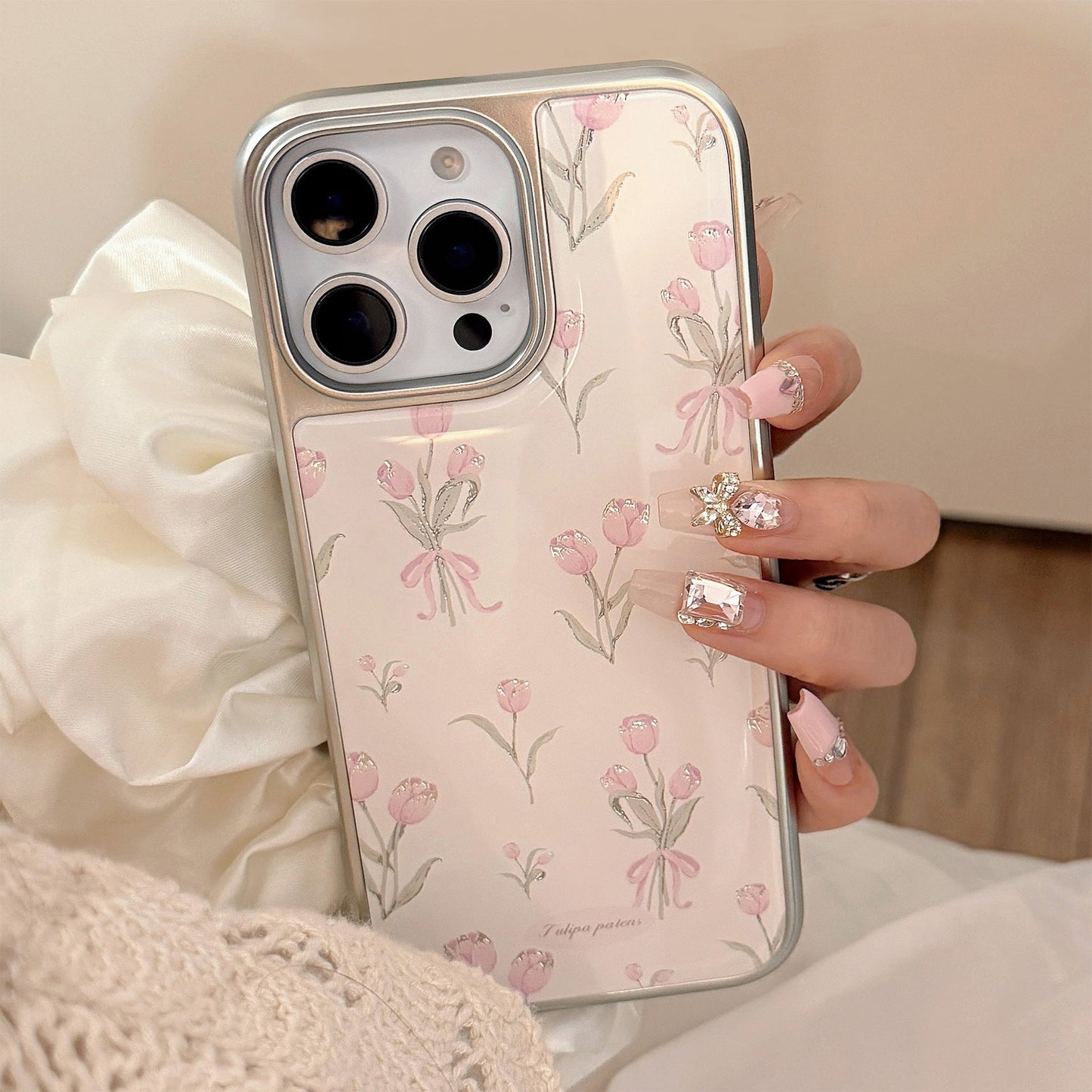 Funda para teléfono móvil Gilt Epoxy Apple 16promax iphone17 tulipán rosa 15 galvanizado 14 compatible con Huawei p70