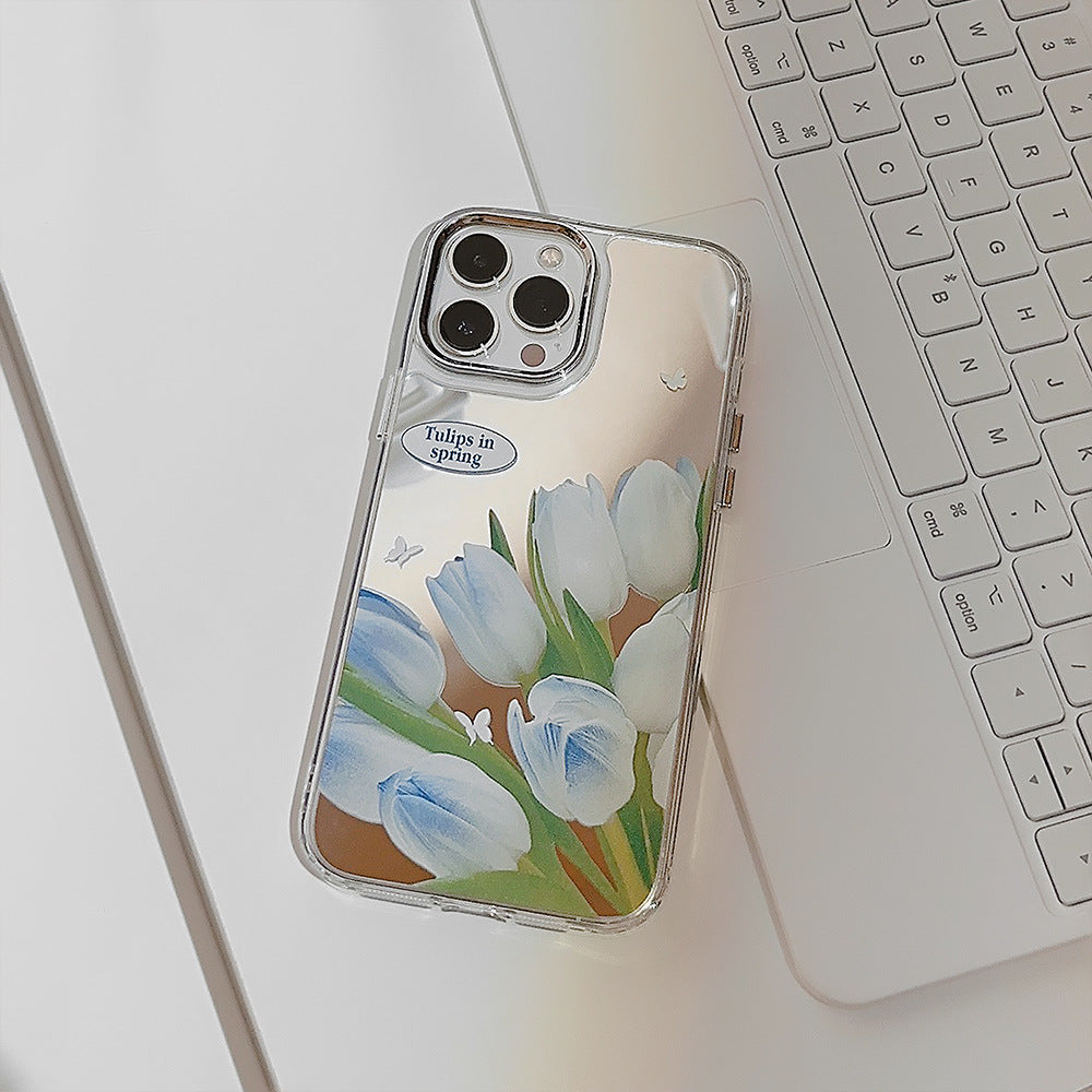 Funda de teléfono móvil tulipán azul suave iphone16 para 17promax apple 15 con espejo de maquillaje de flores 11 rígido