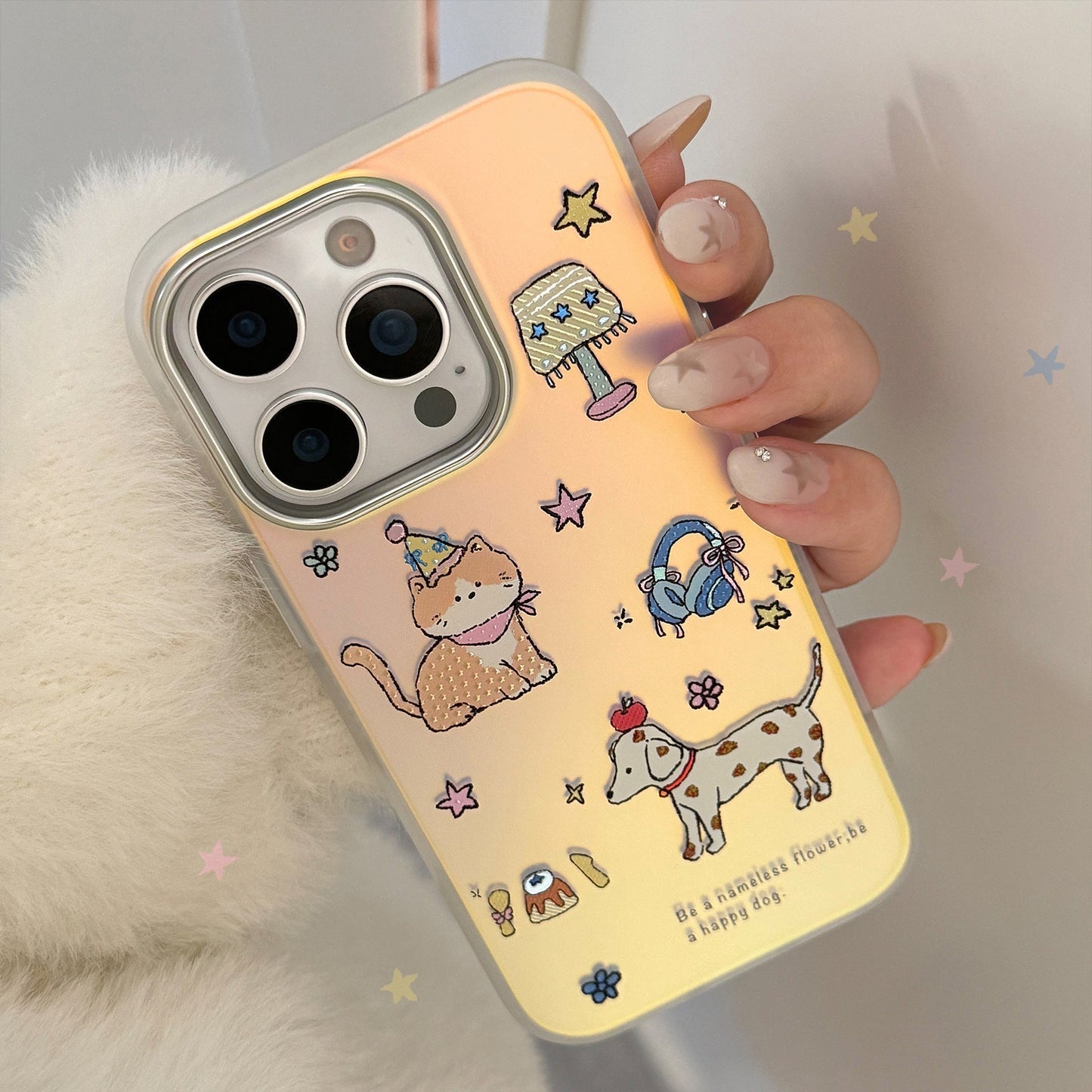 Funda de teléfono móvil dorada con estampado de mascota linda para iPhone 17, 16 láser, 15 Promax, 14 de dibujos animados, 11 galvanizada