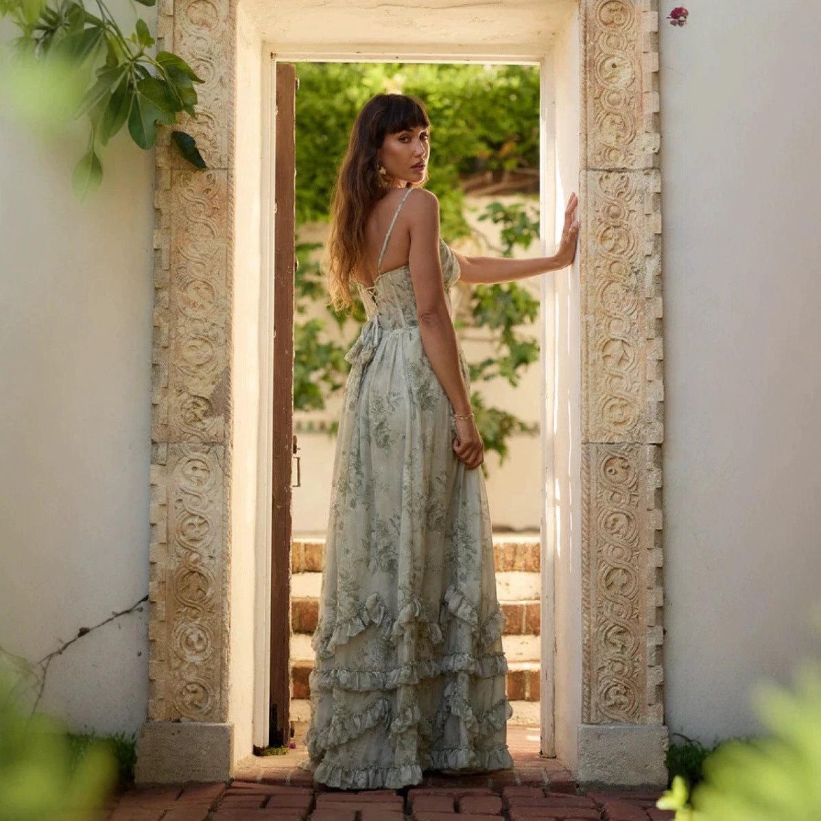 French Halter ruffle Dress Front Split