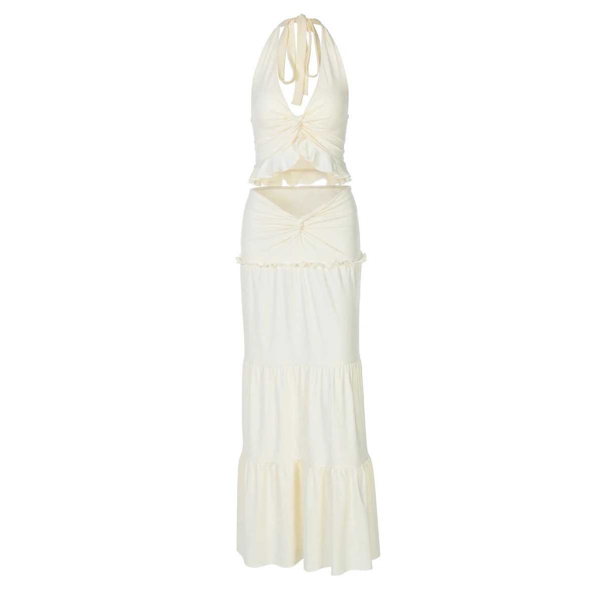 Women's V-neck Ruffled Halter Spaghetti Straps Detail Twisted Dress Suit