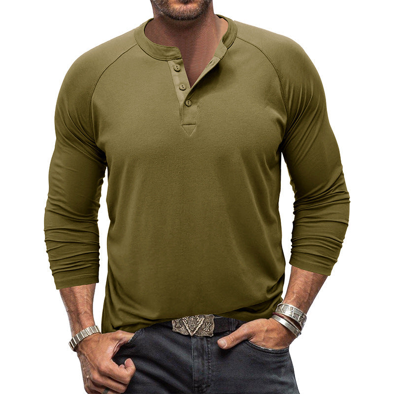 Camiseta de manga larga con cuello redondo Henley de color liso para hombre