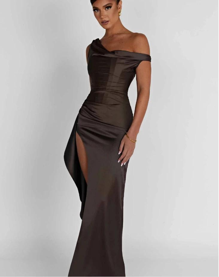 Women's Slant Shoulder Satin Waist sinching Long  Dress