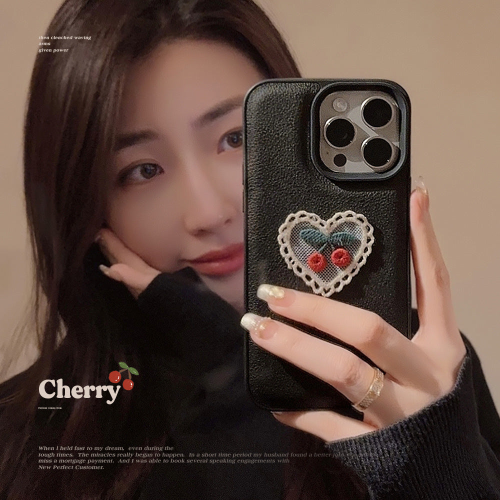 Funda para móvil Apple 15, bordado de cerezas, iPhone 16 Pro Max de cuero, 11, temperamento, 13, anticaída, 17