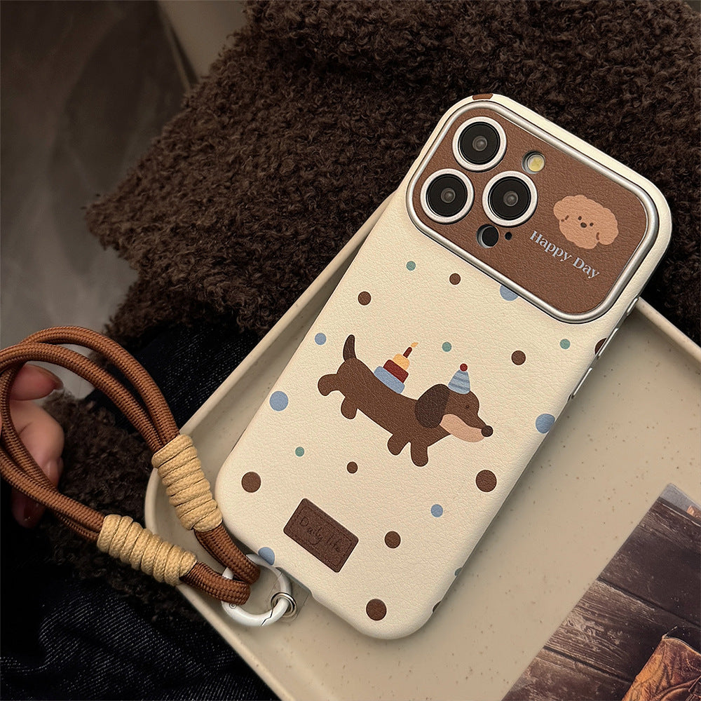 Funda de piel ins dachshund para iPhone 16 Pro Max 15 Apple 17 con correa de mano retro y cubierta blanda
