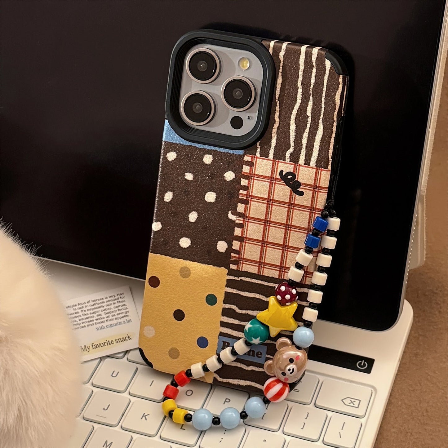 Funda de piel para iPhone 16 Apple 17 con empalme de lunares retro 15Pro Max 14 con cordón 13