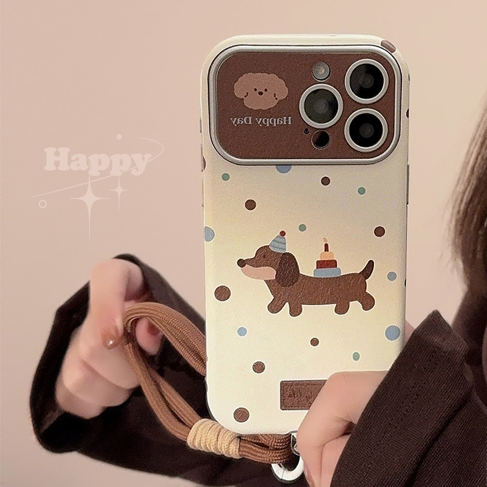 Funda de piel ins dachshund para iPhone 16 Pro Max 15 Apple 17 con correa de mano retro y cubierta blanda