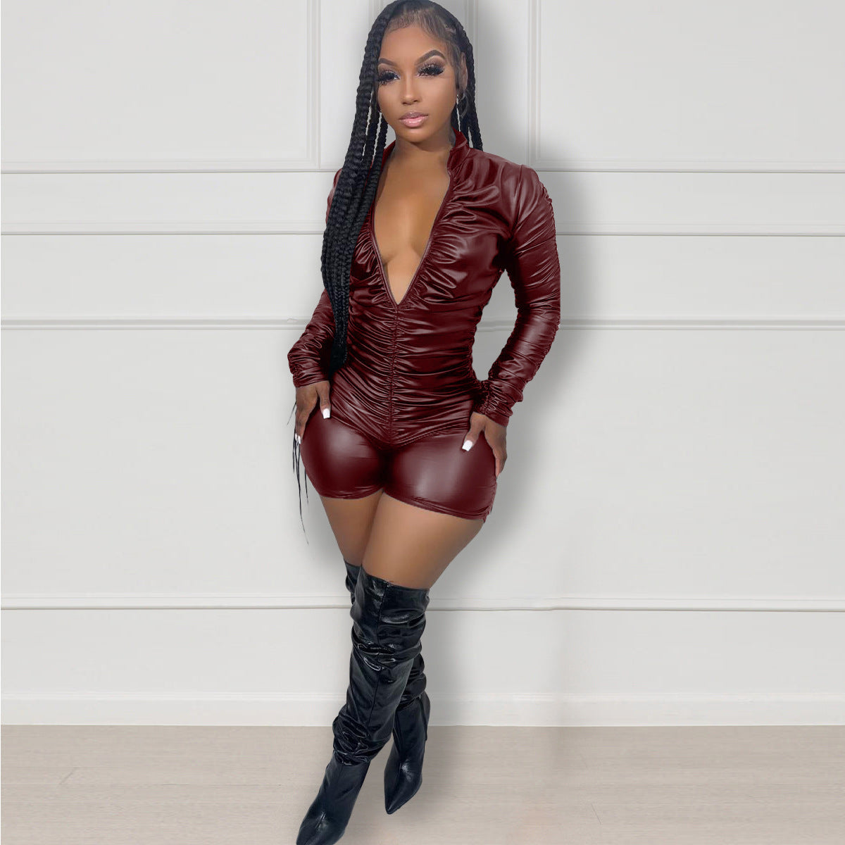 Women Clothing Solid Color Pleated High Elastic Faux Leather Jumpsuit