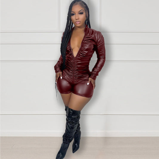 Women Clothing Solid Color Pleated High Elastic Faux Leather Jumpsuit