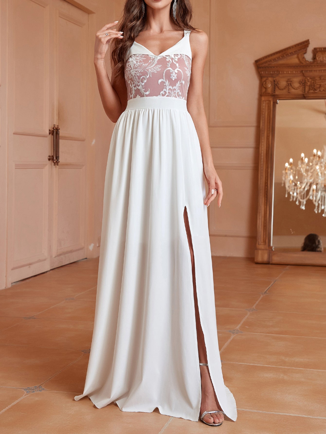 V neck Brace Elegant Slim Long Slit Backless Women Long Prom Dress