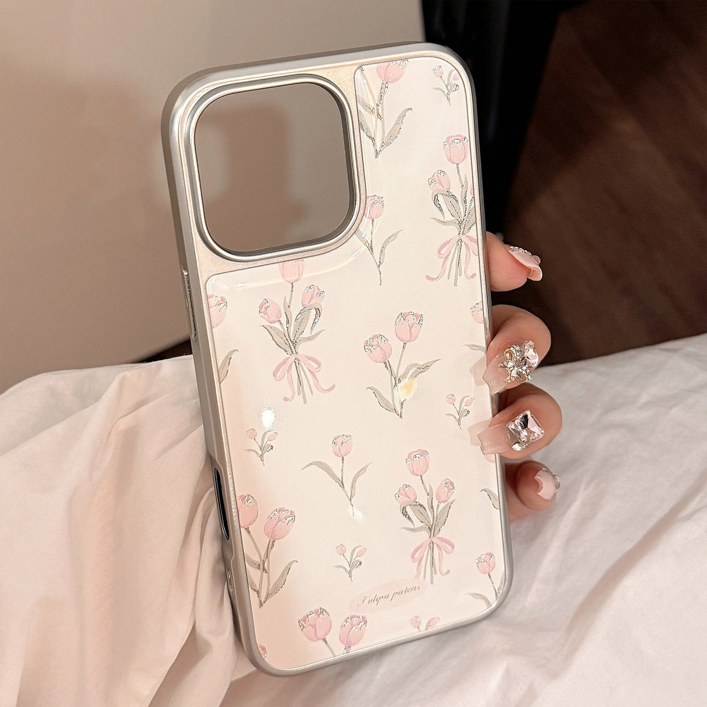 Funda para teléfono móvil Gilt Epoxy Apple 16promax iphone17 tulipán rosa 15 galvanizado 14 compatible con Huawei p70