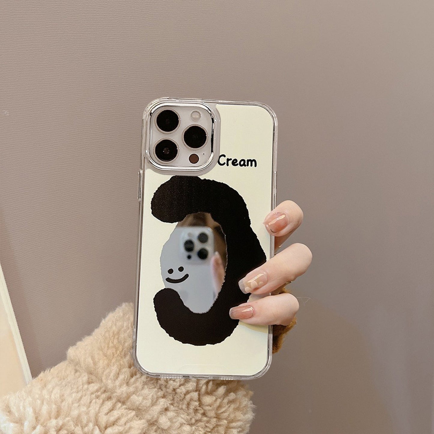 ins cream smiley face applies to 17pro max apple iphone15 mobile phone case 11 makeup mirror 16 anti-drop 14 hard