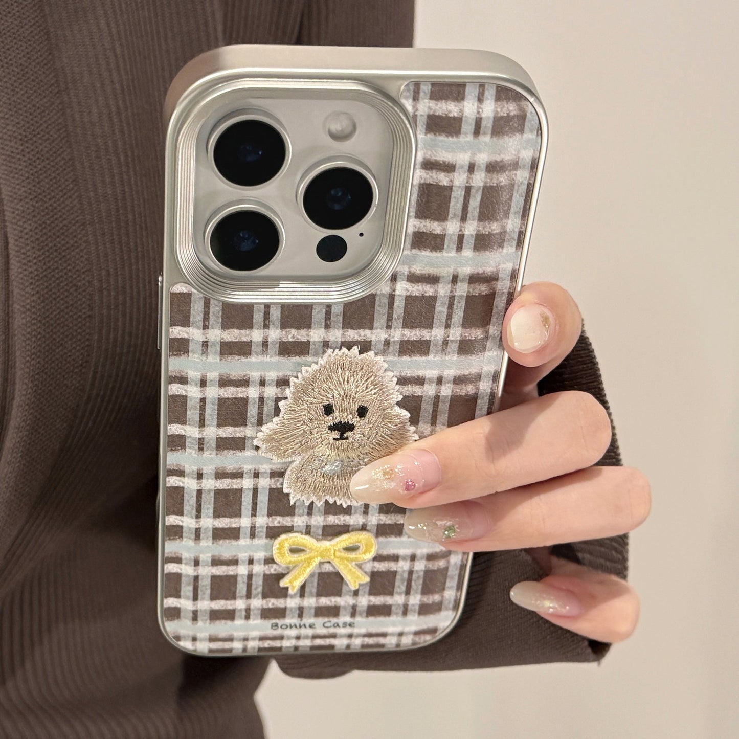 Plaid embroidery puppy apple 16 mobile phone case 17promax for iPhone15 retro leather 11 anti-drop 14
