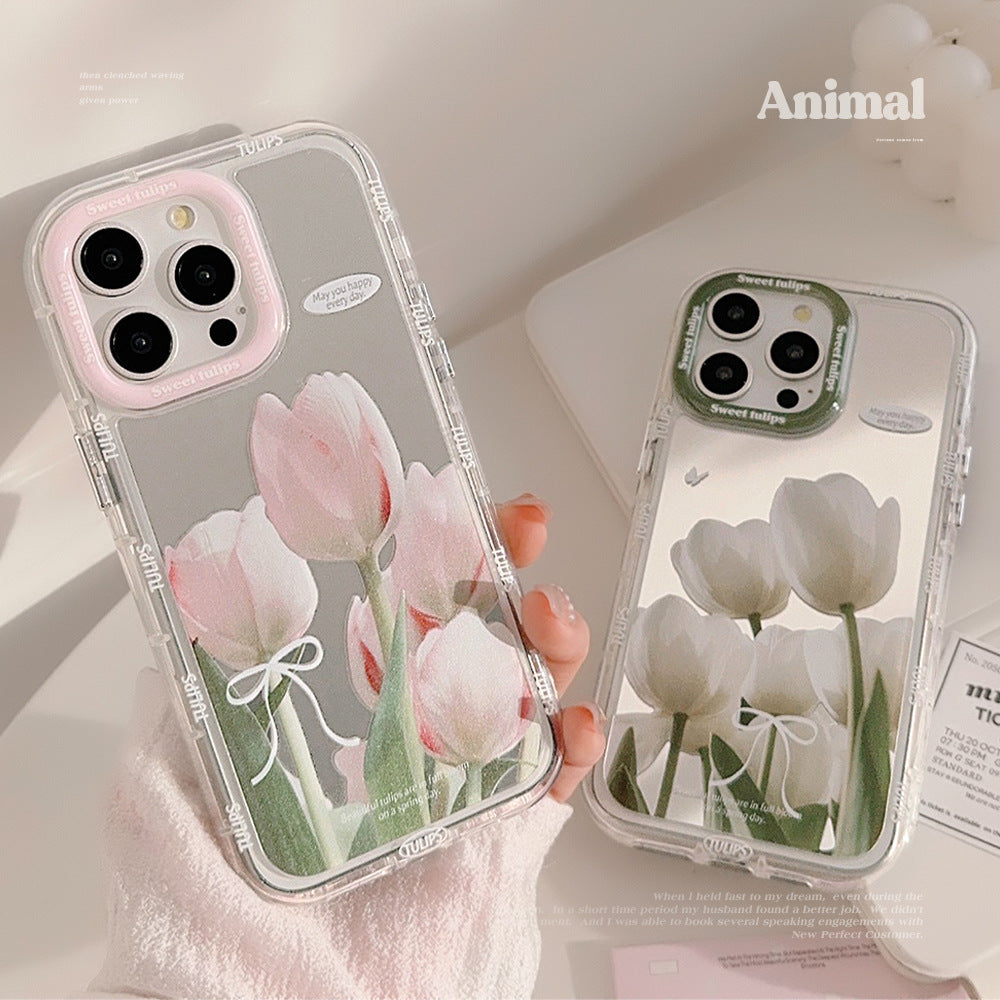 Espejo adecuado para funda de móvil Apple 15 16ProMax iPhone17 tulipán rosa y blanco 12 pequeño fresco 11 anticaída