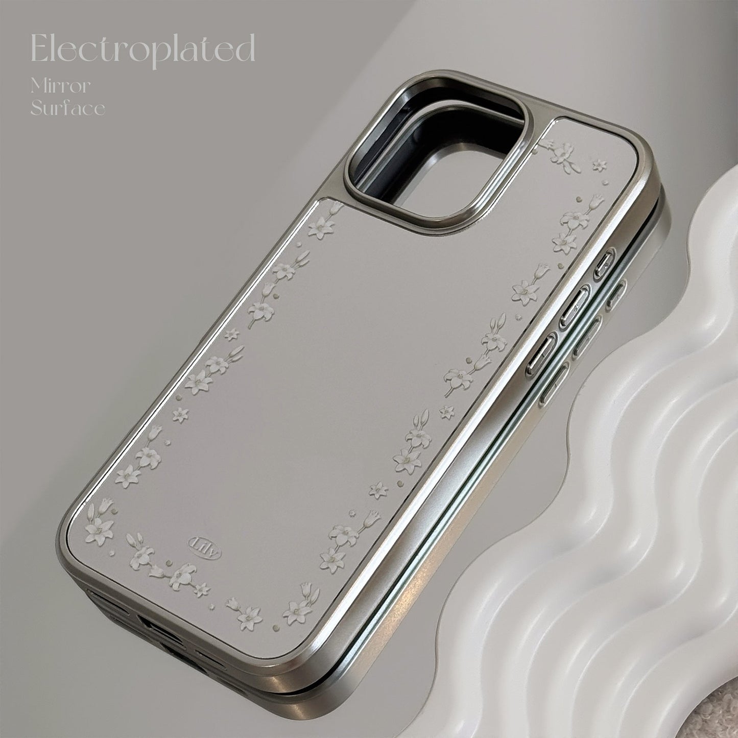 Borde plateado galvanizado para funda de móvil iPhone 15 Pro Max de 16, flor de lirio literaria 13, espejo duro.