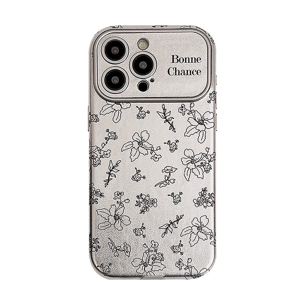 Funda para móvil iPhone 16 con dibujo de flor, iPhone 15, 13 Pro Max, de cuero plateado, 17 con sensación prémium, 12 coreana.