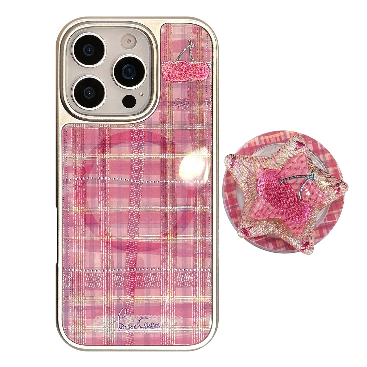 Funda dorada para teléfono Apple 16promax a cuadros rojos cereza iphone15 galvanizado 14 para dulce y cool 17 Huawei