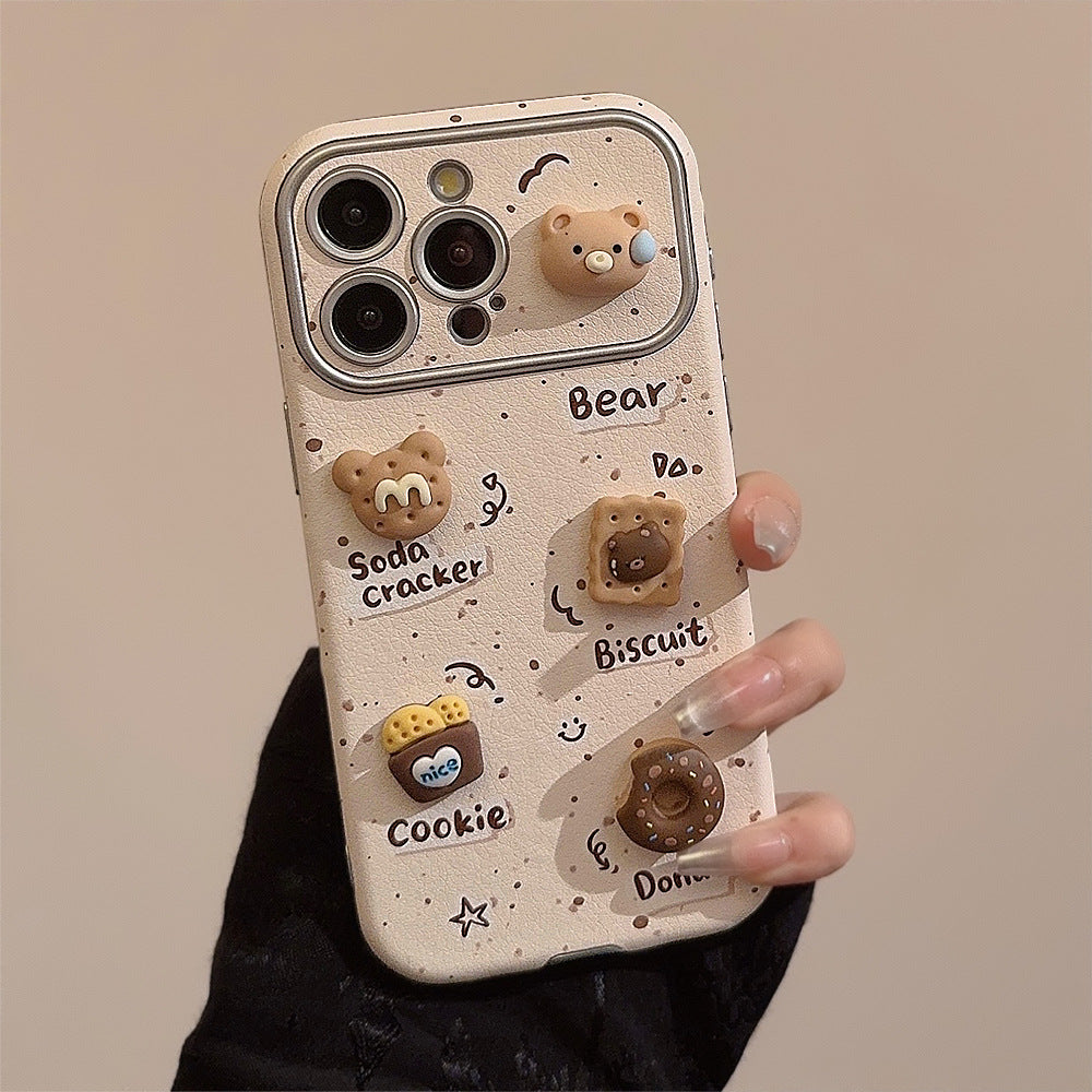 Bonito oso tridimensional se aplica a la funda de teléfono móvil 16 Apple 17ProMax iphone15 cuero 12 galletas 14