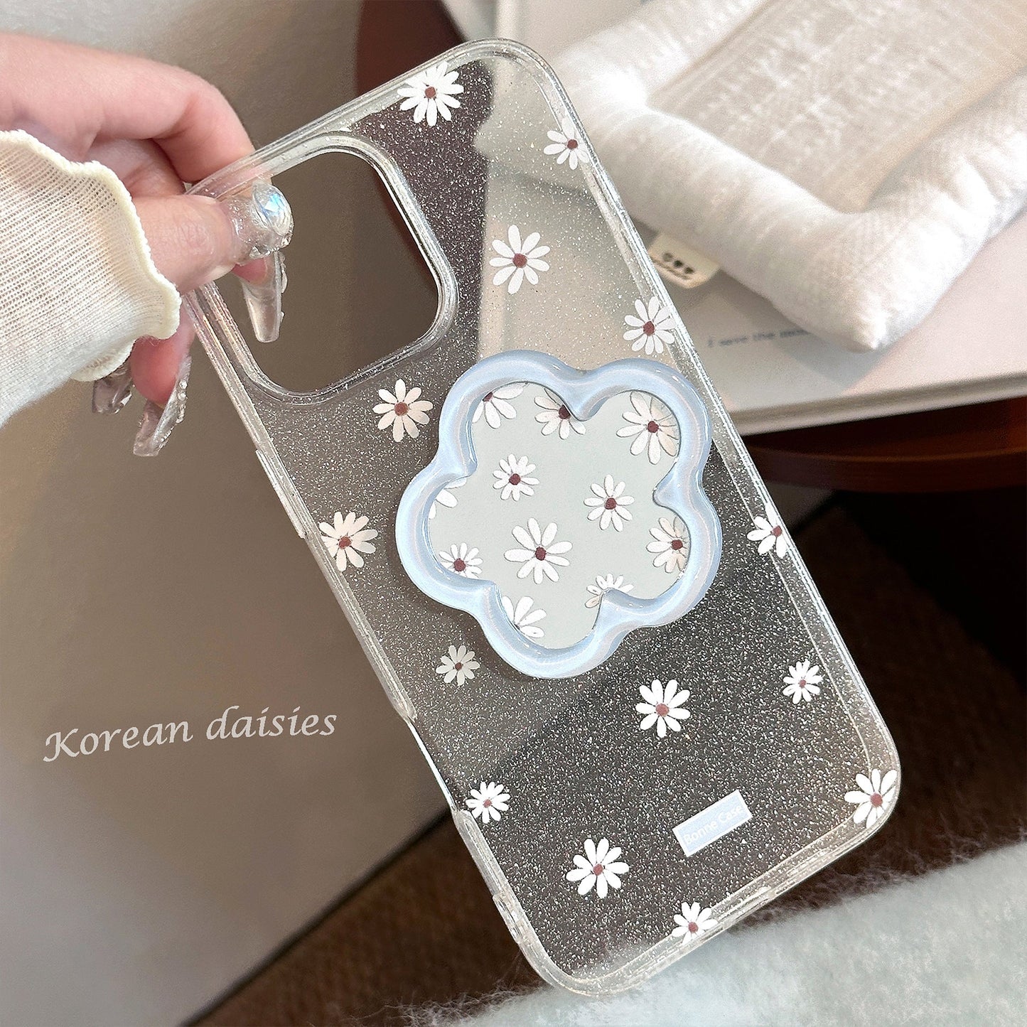 Funda de móvil 16promax de Apple con espejo de flores, 17 para iPhone15 con purpurina 13, azul fresco pequeño