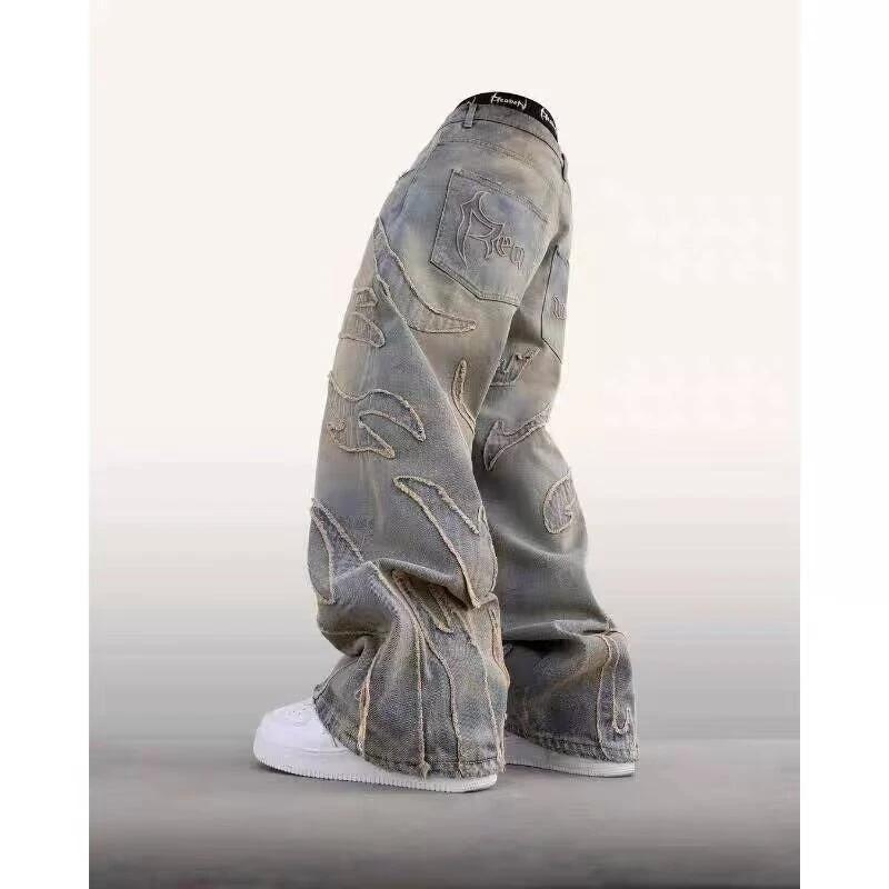 Retro Bat Pattern Lazy Embroidered Loose Jeans