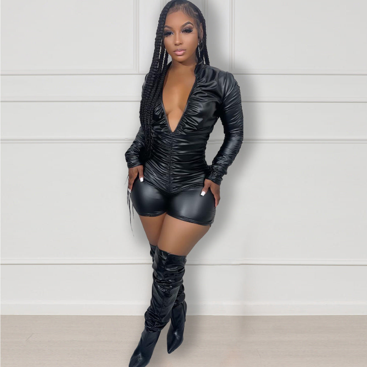 Women Clothing Solid Color Pleated High Elastic Faux Leather Jumpsuit