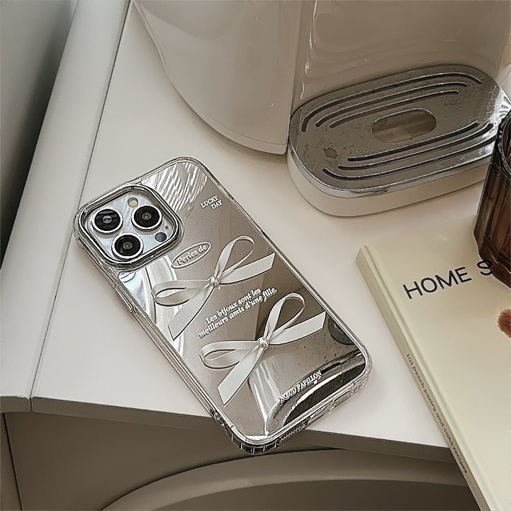 Superficie de espejo adecuada para funda de teléfono Apple 16Pro Max con lazo de perlas tridimensional para iPhone 15 con temperamento, antidaño 13, antidaño 17