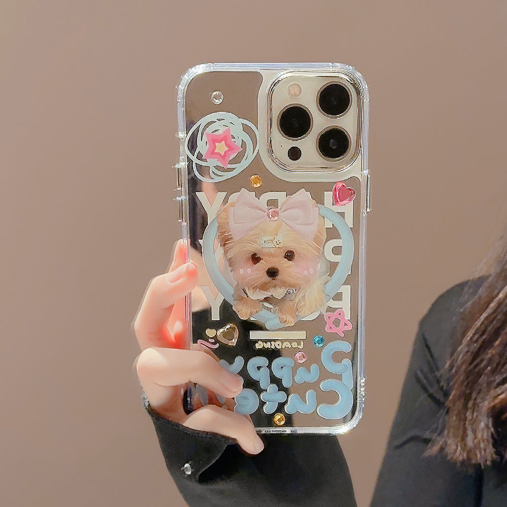 Funda para iPhone Dopamine puppy 17promax para iPhone 16 linda 13 espejo de maquillaje 15 calcomanía diamante