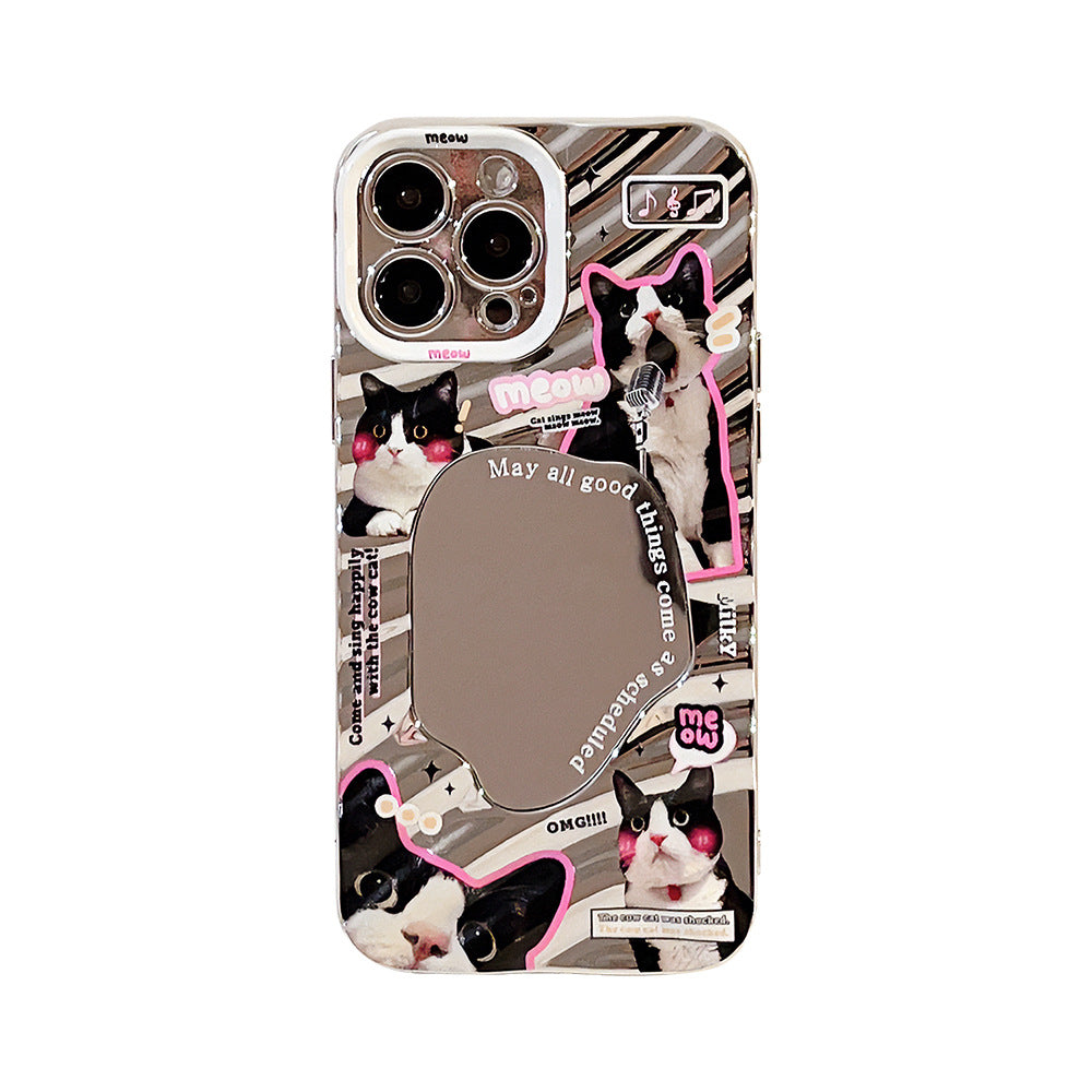 Divertida funda de móvil con gatito negro para iPhone 15, Apple 13, plateada galvanizada, espejo 17promax, carcasa rígida 16, 11