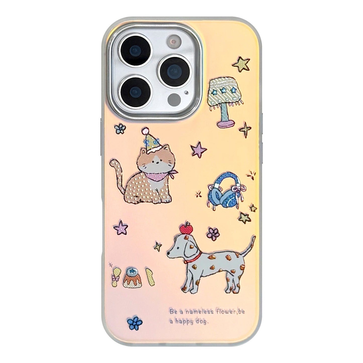 Funda de teléfono móvil dorada con estampado de mascota linda para iPhone 17, 16 láser, 15 Promax, 14 de dibujos animados, 11 galvanizada