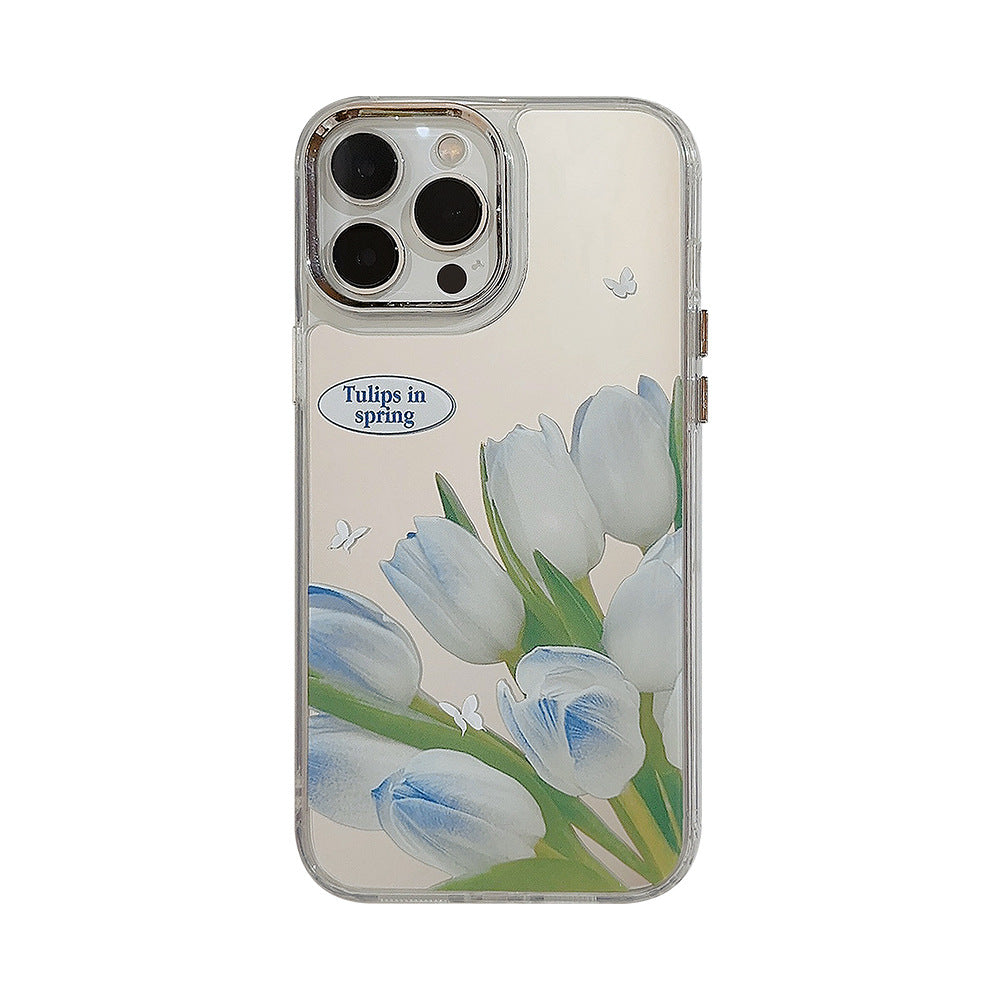 Funda de teléfono móvil tulipán azul suave iphone16 para 17promax apple 15 con espejo de maquillaje de flores 11 rígido