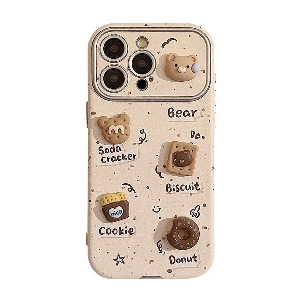 Bonito oso tridimensional se aplica a la funda de teléfono móvil 16 Apple 17ProMax iphone15 cuero 12 galletas 14