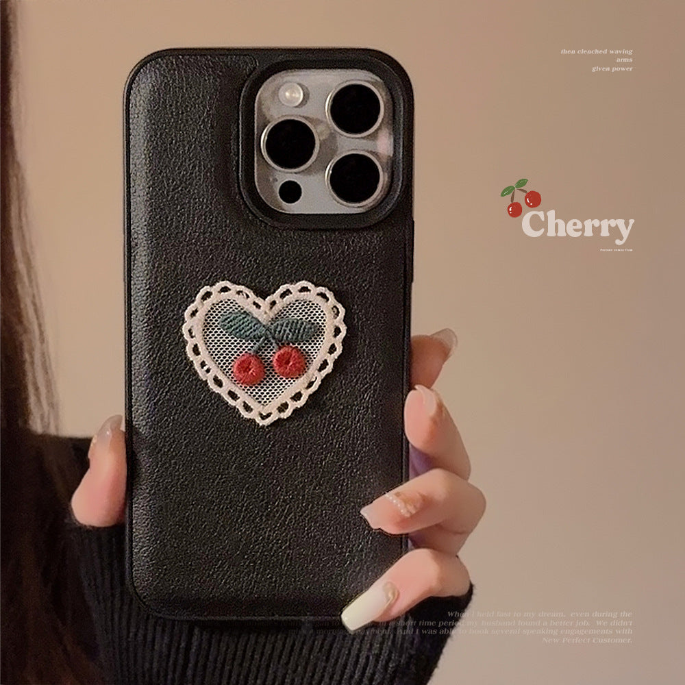 Funda para móvil Apple 15, bordado de cerezas, iPhone 16 Pro Max de cuero, 11, temperamento, 13, anticaída, 17
