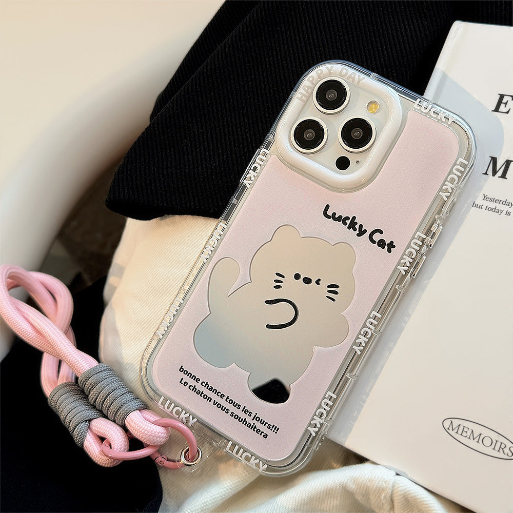 El estuche para iPhone 17 Pro Max de dibujos animados 12/13 generación con cuerda de mano es adecuado para el teléfono móvil Apple 16 con un lindo espejo de gato rosa