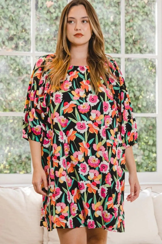 Vestido Tendencia ODDI Mini Vestido Floral de Talla Grande con Mangas Abullonadas Delig