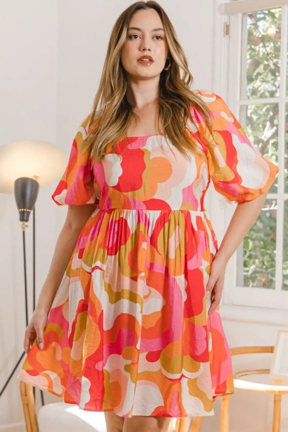 Trendsi ODDI Printed Mini Dress With Tied Back — Casual Short Sleeve