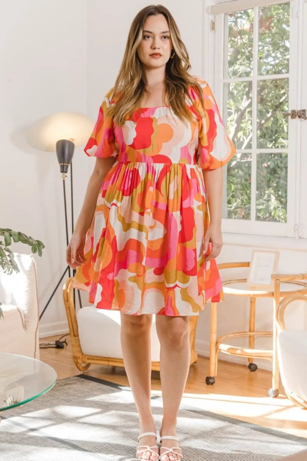 Trendsi ODDI Printed Mini Dress With Tied Back — Casual Short Sleeve