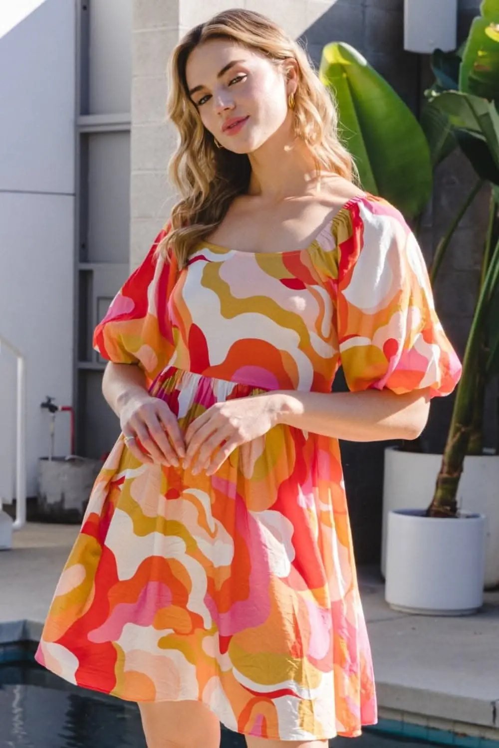 Trendsi ODDI Printed Mini Dress With Tied Back — Casual Short Sleeve