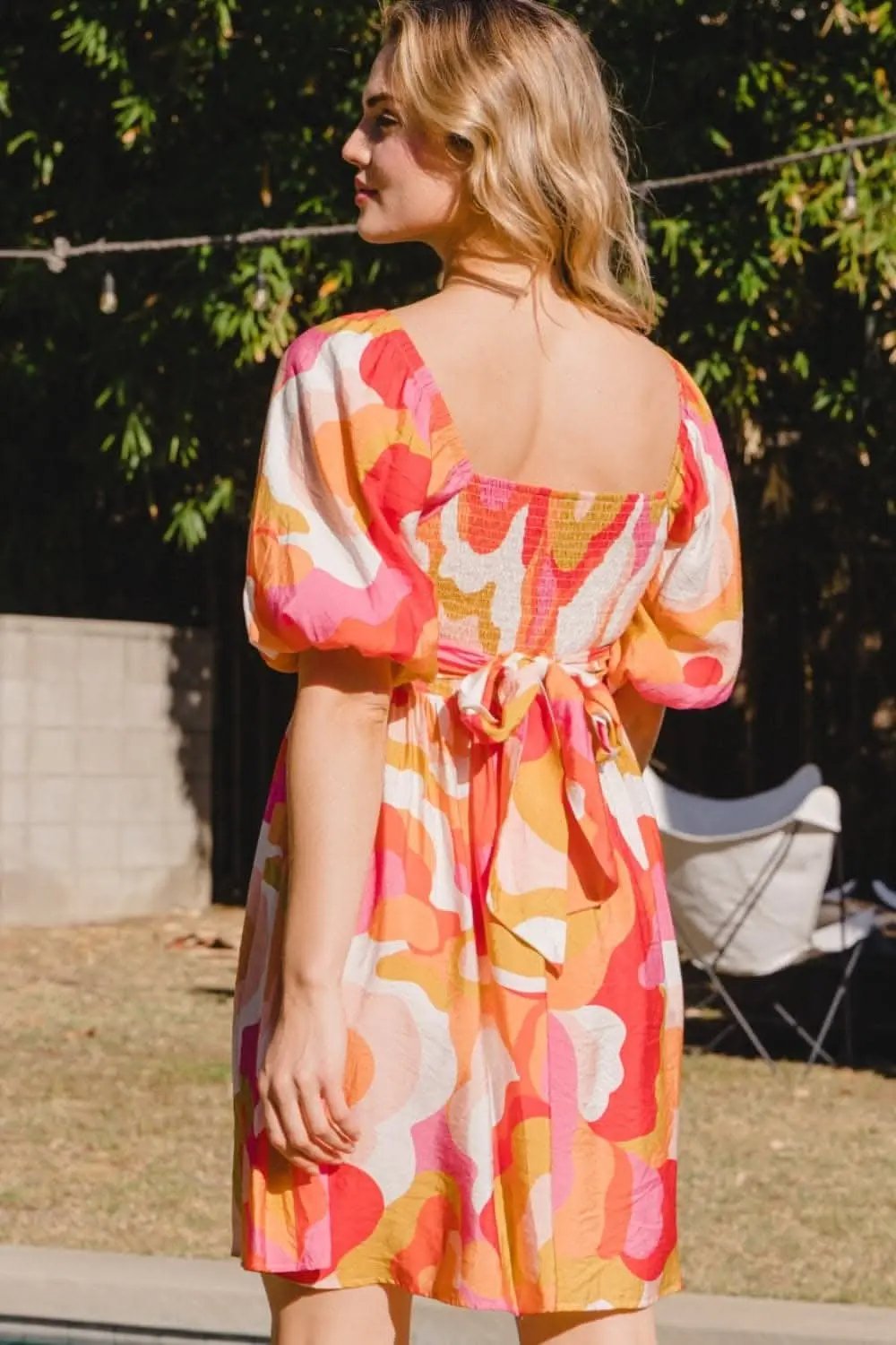Trendsi ODDI Printed Mini Dress With Tied Back — Casual Short Sleeve