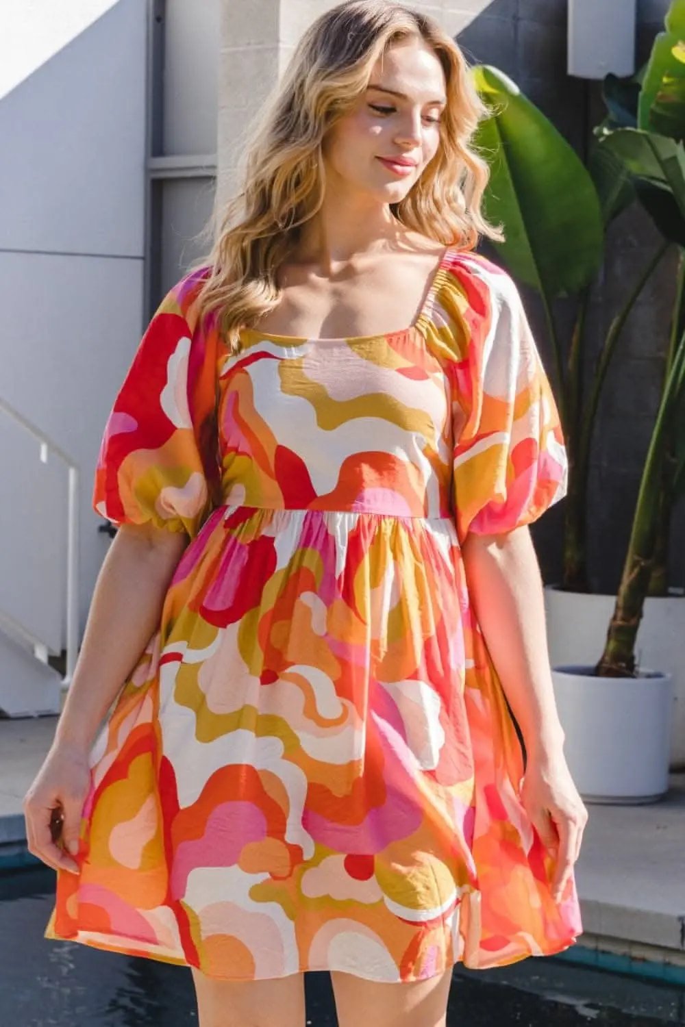 Trendsi ODDI Printed Mini Dress With Tied Back — Casual Short Sleeve