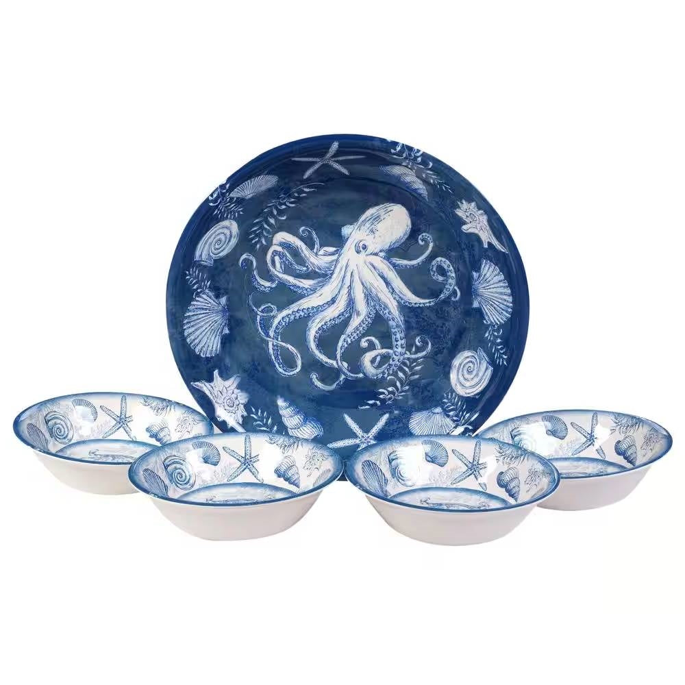 Juego de 5 cuencos de cena de playa con estrellas de mar, conchas y pulpos en azul y blanco
