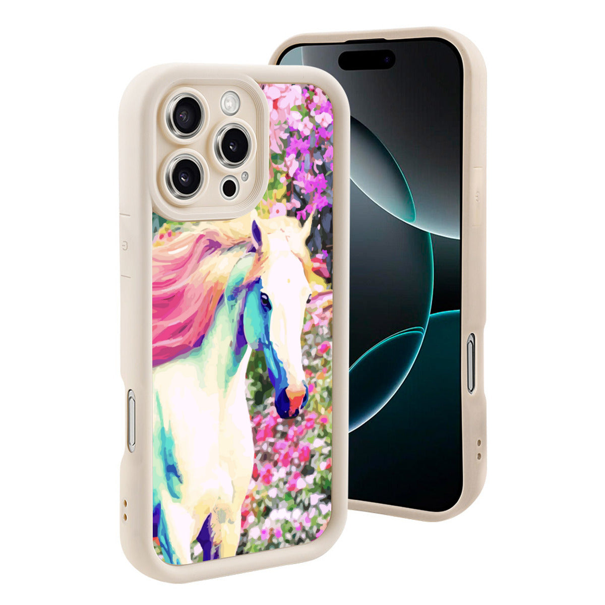 White Horse with Floral Background iPhone 16promax Mobile Phone Case