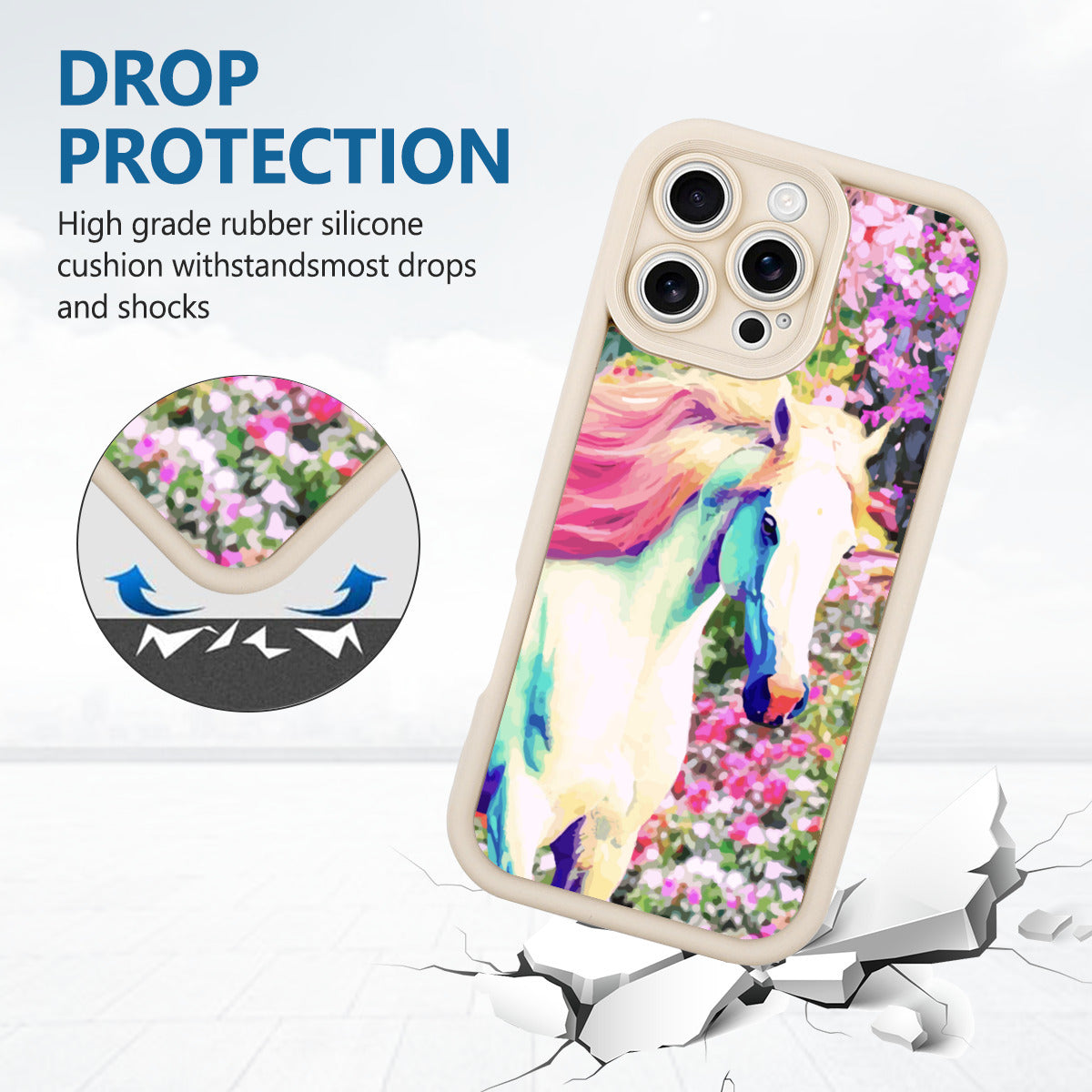 White Horse with Floral Background iPhone 16promax Mobile Phone Case